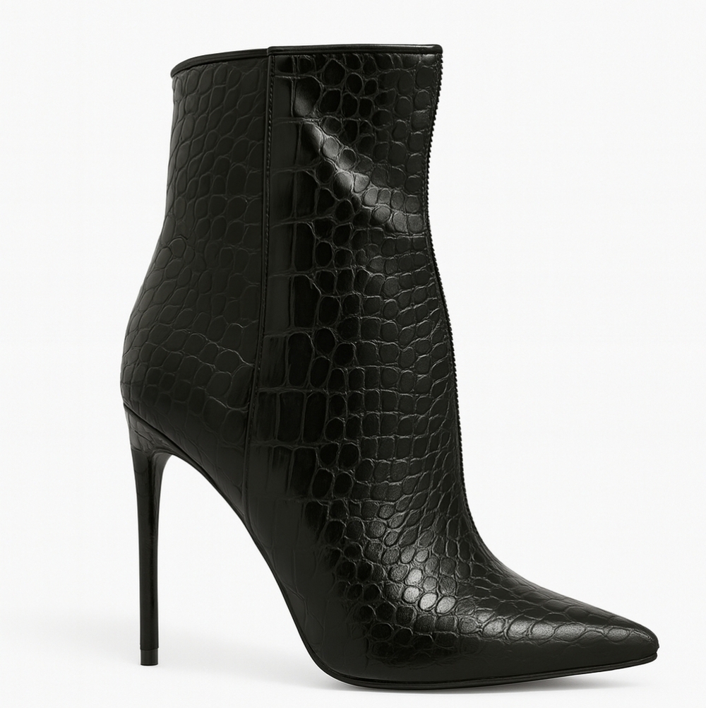 Steve Madden Black Croc Embossed Ankle Boots Pointed Toe Stiletto Heel Size 7.5